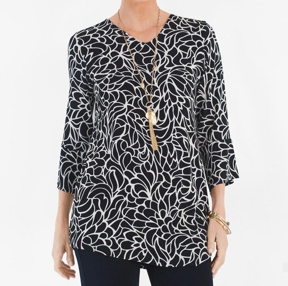 Chico’s Travelers Floral Abstract Tunic Top Bell Sleeve Career Blouse XL